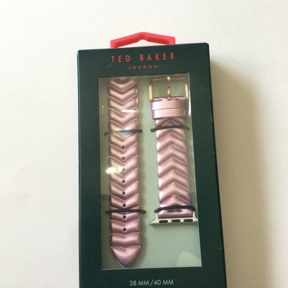 TED BAKER LONDON PINK ROSE GOLD METALLIC CHEVRON LEATHER APPLE WATCH STRAP NWT - Picture 2 of 7
